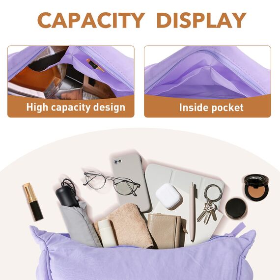 GoPaw Damen Halbmond Crossbody Schultertasche, Hobo Halfmoon Bag, Nylon Crossbody Bag Damen Halbmond Schultertasche mit verstellbarer Schultergurt, Einfarbige(Lila)