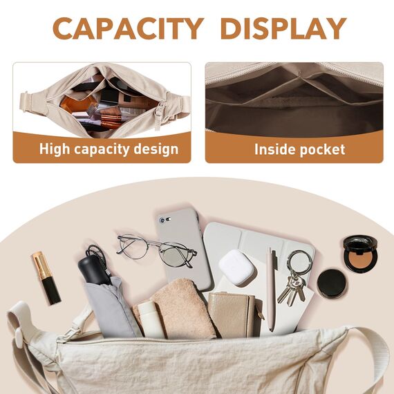 GoPaw Damen Halbmond Crossbody Schultertasche, Hobo Halfmoon Bag, Nylon Crossbody Bag Damen Halbmond Schultertasche mit verstellbarer Schultergurt, Einfarbige(Beige)