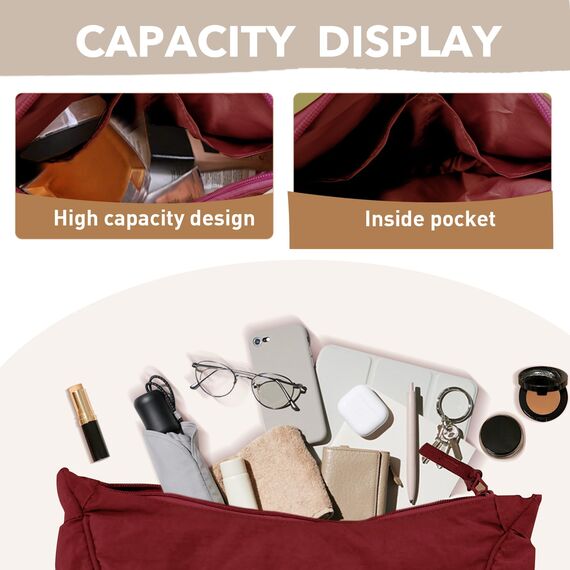 GoPaw Damen Halbmond Crossbody Schultertasche, Hobo Halfmoon Bag, Nylon Crossbody Bag Damen Halbmond Schultertasche mit verstellbarer Schultergurt, Einfarbige(Burgunderrot)