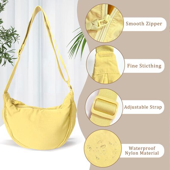 GoPaw Damen Halbmond Crossbody Schultertasche, Hobo Halfmoon Bag, Nylon Crossbody Bag Damen Halbmond Schultertasche mit verstellbarer Schultergurt, Einfarbige(Gelb)