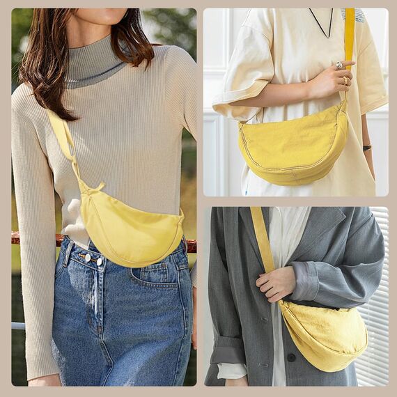 GoPaw Damen Halbmond Crossbody Schultertasche, Hobo Halfmoon Bag, Nylon Crossbody Bag Damen Halbmond Schultertasche mit verstellbarer Schultergurt, Einfarbige(Gelb)