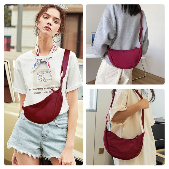 GoPaw Damen Halbmond Crossbody Schultertasche, Hobo Halfmoon Bag, Nylon Crossbody Bag Damen Halbmond Schultertasche mit verstellbarer Schultergurt, Einfarbige(Burgunderrot)