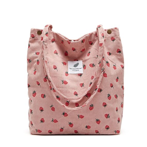 Funtlend Cord Umhängetasche Damen Groß Cord Tasche Handtasche Cordtasche Damen Schultertasche für Uni Arbeit Schule Büro-Pink Strawberry