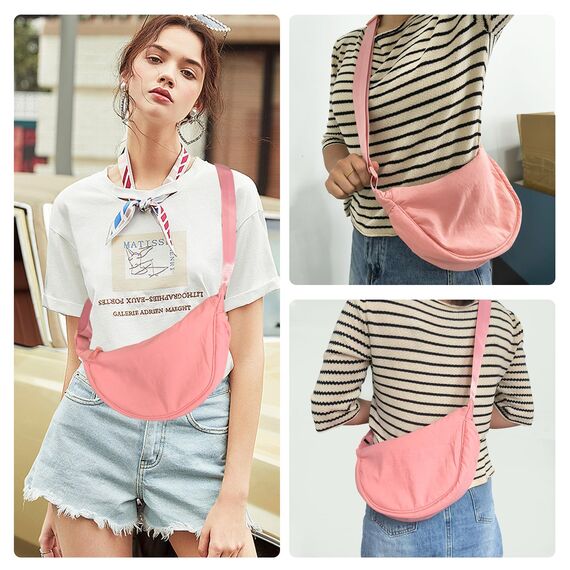 GoPaw Damen Halbmond Crossbody Schultertasche, Hobo Halfmoon Bag, Nylon Crossbody Bag Damen Halbmond Schultertasche mit verstellbarer Schultergurt, Einfarbige(Rosa)