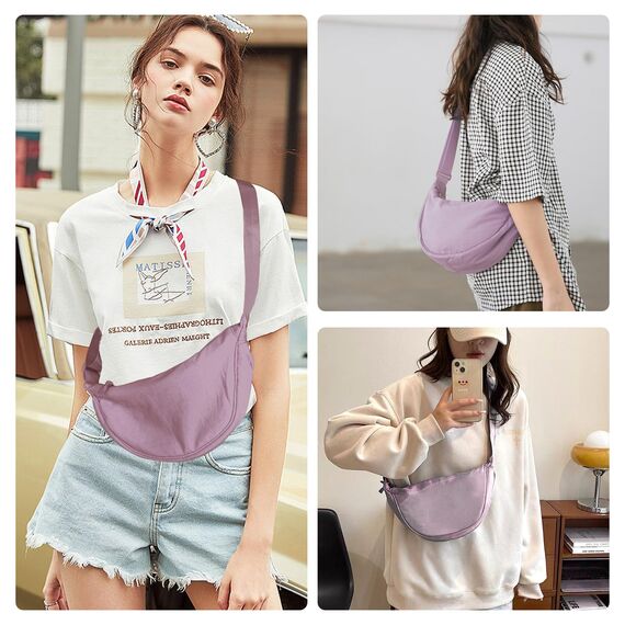 GoPaw Damen Halbmond Crossbody Schultertasche, Hobo Halfmoon Bag, Nylon Crossbody Bag Damen Halbmond Schultertasche mit verstellbarer Schultergurt, Einfarbige(Yamsviolett)