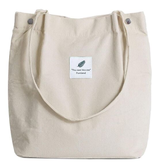 Funtlend Damen Cord Umhängetasche Groß Cordtasche Cord Shopper Handtasche für Uni Arbeit Mädchen Schule Büro, Schwarz/Grau/Beige, 40*35*11 H*W*D