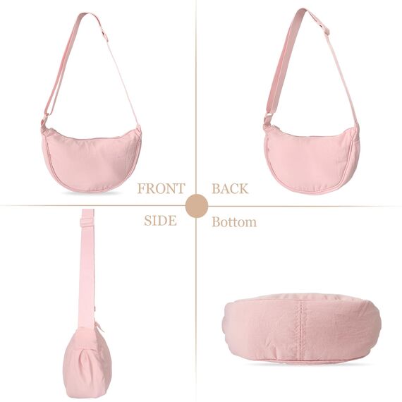 GoPaw Damen Halbmond Crossbody Schultertasche, Hobo Halfmoon Bag, Nylon Crossbody Bag Damen Halbmond Schultertasche mit verstellbarer Schultergurt, Einfarbige(Hellrosa)