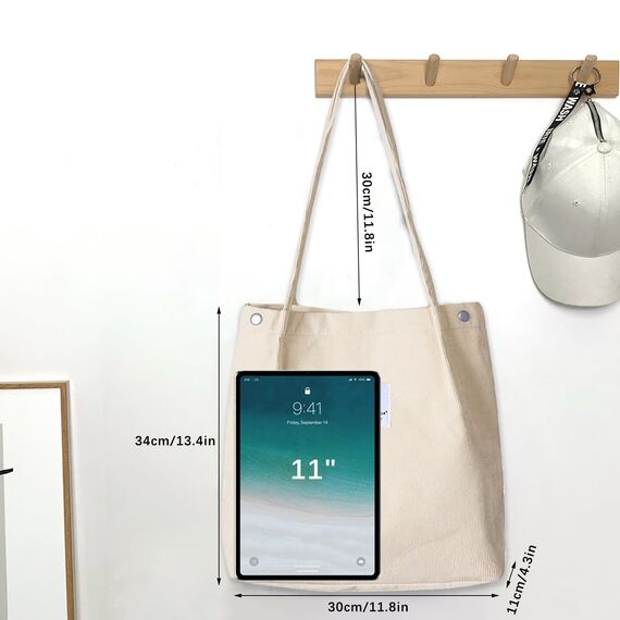 Bikasun Groß Umhängetasche Damen Cord Schultertasche Strandtasche Cord Tasche Crossbody Tasche Shopper Tote Bag Einkaufstasche Handtasche Shopper für Arbeit Einkaufen Schule, Beige 02