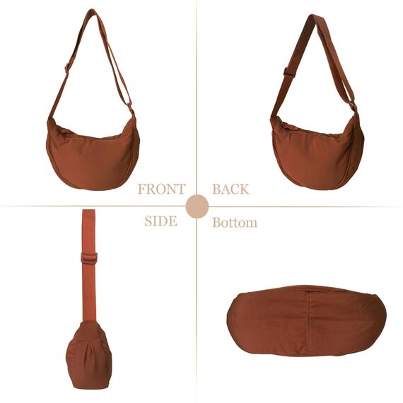 GoPaw Damen Halbmond Crossbody Schultertasche, Hobo Halfmoon Bag, Nylon Crossbody Bag Damen Halbmond Schultertasche mit verstellbarer Schultergurt, Einfarbige(Braun)