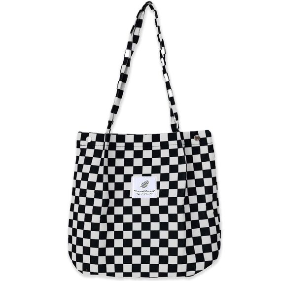Bikasun Groß Umhängetasche Damen Cord Schultertasche Strandtasche Cord Tasche Crossbody Tasche Shopper Tote Bag Einkaufstasche Handtasche Shopper für Einkaufen Schule Schachbrettmuster