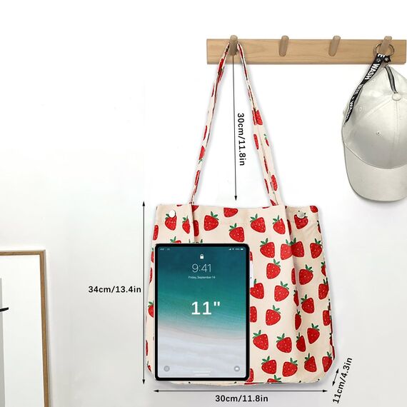 Bikasun Groß Umhängetasche Damen Cord Schultertasche Strandtasche Cord Tasche Crossbody Tasche Shopper Tote Bag Einkaufstasche Handtasche Shopper für Einkaufen Schule Erdbeere