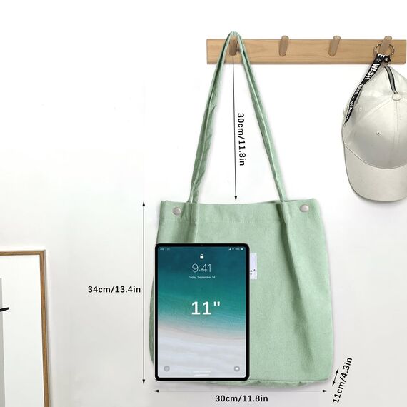 Bikasun Cord Umhängetasche Damen, Groß Schultertasche Cord Tasche Lässige Tote Bag Handtasche, Strandtasche Shopper Einkaufstasche, Stofftasche für Alltag, Büro, Schulausflug, Hellgrün