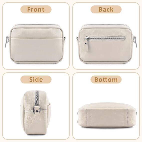 BROTOU Damen Echtes Leder Umhängetasche Crossbody Bag mit 2 Breitem Schultergurt Kartenhalter, Kleine Umhängetasche Damen mit 3 Fächern (S-Beige)