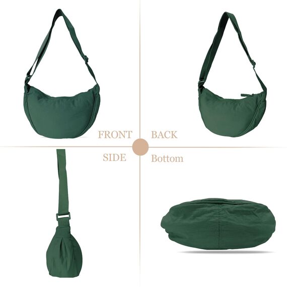 GoPaw Damen Halbmond Crossbody Schultertasche, Hobo Halfmoon Bag, Nylon Crossbody Bag Damen Halbmond Schultertasche mit verstellbarer Schultergurt, Einfarbige(Dunkelgrün)