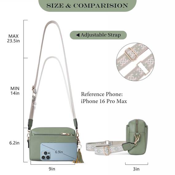 Roulens Damen Handy Umhängetasche,Veganem Leder Crossbody Schultertasche,Breiter Riemen Abendtasche mit drei Reißverschlussfächern Handtaschemit mit Kartenschlitz Verstellbar Abnehmbar Schultergurt