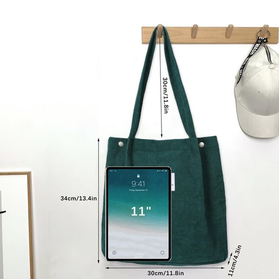 Bikasun Cord Umhängetasche Damen, Groß Schultertasche Cord Tasche Lässige Tote Bag Handtasche, Strandtasche Shopper Einkaufstasche, Stofftasche für Alltag, Büro, Schulausflug, Dunkelgrün
