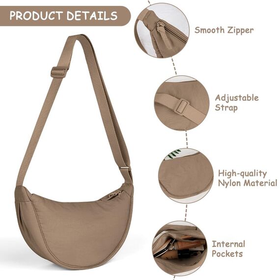 Aucuu Halbmond Crossbody Schultertasche für Damen, Klein mit Verstellbarer Schultergurt, Hobo Halfmoon Bag Einfarbige Messenger Bag für Reisen