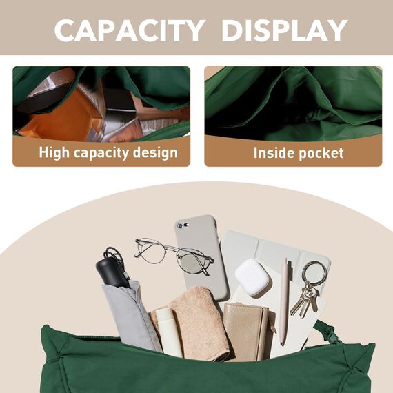 GoPaw Damen Halbmond Crossbody Schultertasche, Hobo Halfmoon Bag, Nylon Crossbody Bag Damen Halbmond Schultertasche mit verstellbarer Schultergurt, Einfarbige(Dunkelgrün)