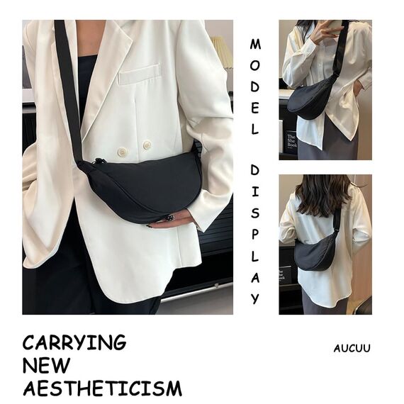 Aucuu 2 Stück Halbmondförmige Nylon-Umhängetasche für Damen (Cremefarben+Schwarz)