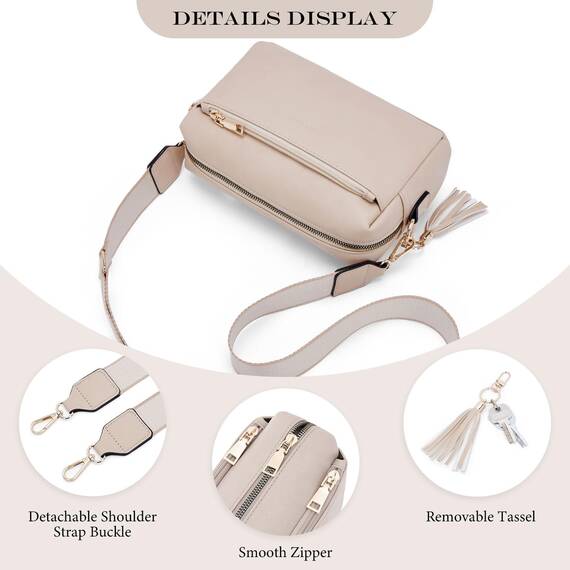 Roulens Damen Handy Umhängetasche,Veganem Leder Crossbody Schultertasche,Breiter Riemen Abendtasche mit drei Reißverschlussfächern Handtasche mit Kartenschlitz Verstellbar Abnehmbar Schultergurt