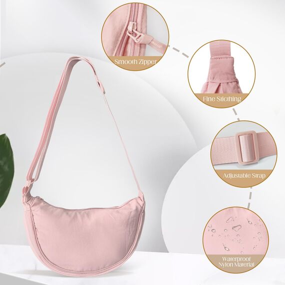 GoPaw Damen Halbmond Crossbody Schultertasche, Hobo Halfmoon Bag, Nylon Crossbody Bag Damen Halbmond Schultertasche mit verstellbarer Schultergurt, Einfarbige(Hellrosa)