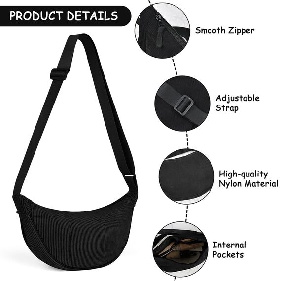 Aucuu Halbmond Crossbody Tasche Klein, Umhängetasche mit Verstellbarer Schultergurt, Hobo Messenger für Reisen