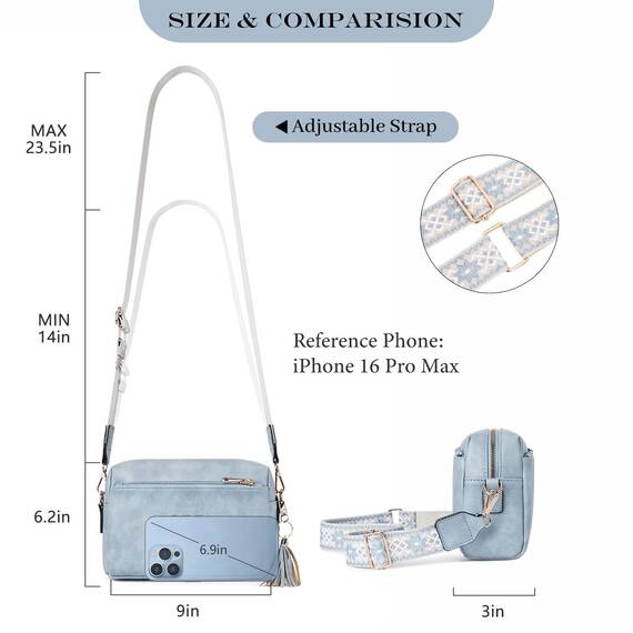 Roulens Damen Handy Umhängetasche,Veganem Leder Crossbody Schultertasche,Breiter Riemen Abendtasche mit drei Reißverschlussfächern Handtaschemit mit Kartenschlitz Verstellbar Abnehmbar Schultergurt