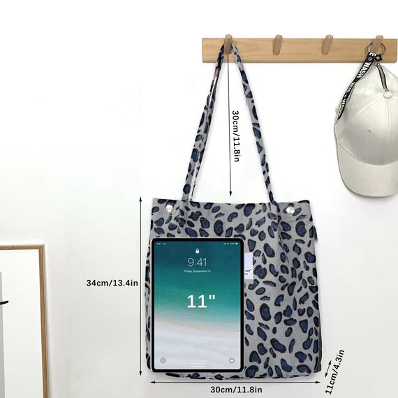 Bikasun Groß Umhängetasche Damen Cord Schultertasche Strandtasche Cord Tasche Crossbody Tasche Shopper Tote Bag Einkaufstasche Handtasche Shopper für Arbeit Einkaufen Schule Leopard Grau