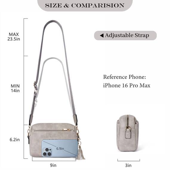 Roulens Damen Handy Umhängetasche,Veganem Leder Crossbody Schultertasche,Breiter Riemen Abendtasche mit drei Reißverschlussfächern Handtaschemit mit Kartenschlitz Verstellbar Abnehmbar Schultergurt