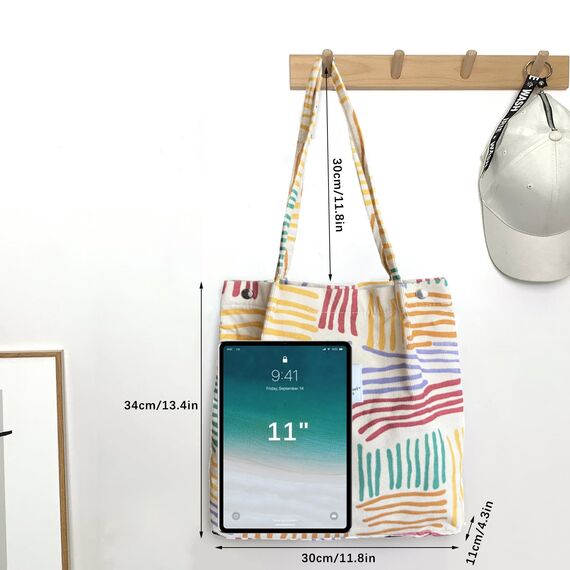 Bikasun Groß Umhängetasche Damen Cord Schultertasche Strandtasche Cord Tasche Crossbody Tasche Shopper Tote Bag Einkaufstasche Handtasche Shopper für Arbeit Einkaufen Schule, Bunt Gestreift