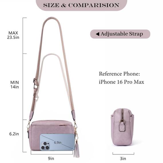 Roulens Damen Handy Umhängetasche,Veganem Leder Crossbody Schultertasche,Breiter Riemen Abendtasche mit drei Reißverschlussfächern Handtaschemit mit Kartenschlitz Verstellbar Abnehmbar Schultergurt