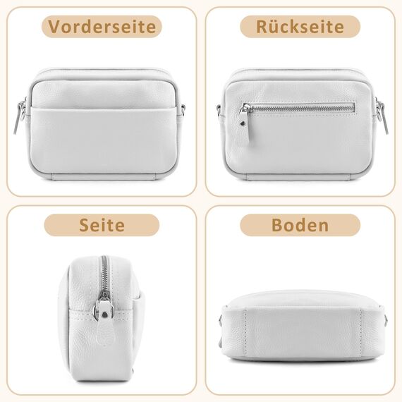 BROTOU Kleine Umhängetasche Echtes Leder Crossbody Bag Damen mit 2 Breitem Schultergurt Kartenhalter,Handtasche Leder Handy Umhängetasche Kleine Tasche Damen mit 3 Fächern(S-Weiß)