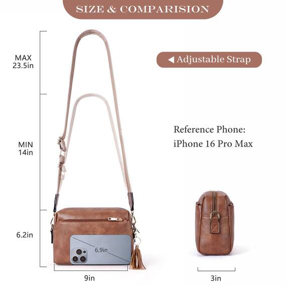 Roulens Damen Handy Umhängetasche,Veganem Leder Crossbody Schultertasche,Breiter Riemen Abendtasche mit drei Reißverschlussfächern Handtaschemit mit Kartenschlitz Verstellbar Abnehmbar Schultergurt
