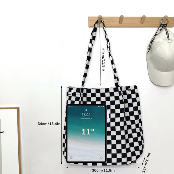 Bikasun Groß Umhängetasche Damen Cord Schultertasche Strandtasche Cord Tasche Crossbody Tasche Shopper Tote Bag Einkaufstasche Handtasche Shopper für Einkaufen Schule Schachbrettmuster