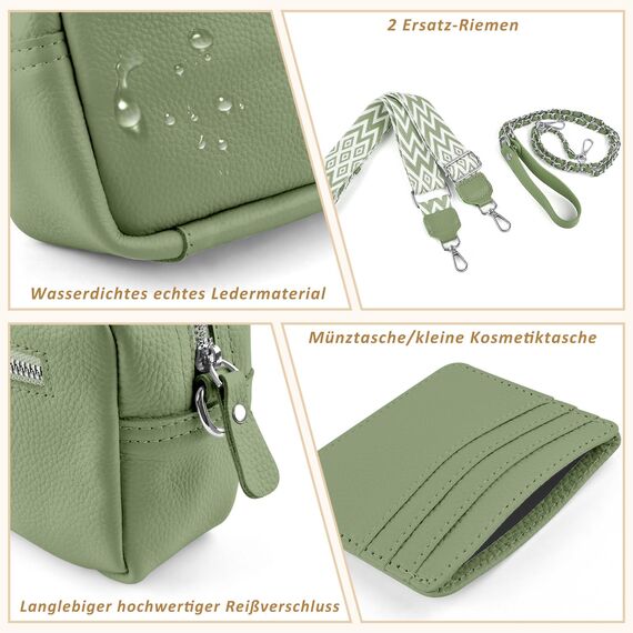 BROTOU Umhängetasche Damen Echtes Leder,Crossbody Bag Damen mit 2 Breitem Schultergurt Kartenhalter,Handtasche Leder Small handbag,Kleine Tasche Damen mit 3 Fächern (S-Grün)