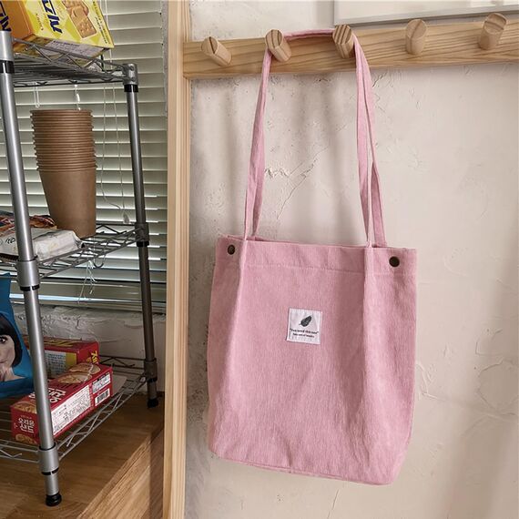 Bikasun Cord Umhängetasche Damen, Groß Schultertasche Cord Tasche Lässige Tote Bag Handtasche, Strandtasche Shopper Einkaufstasche, Stofftasche für Alltag, Büro, Schulausflug, Rosa