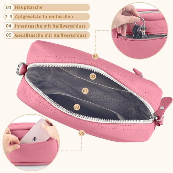 BROTOU Umhängetasche Damen Echtes Leder Crossbody Bag Damen mit 2 Breitem Schultergurt Kartenhalter,Handtasche Damen Leder Handy Umhängetasche Damen,Kleine Tasche Damen mit 3 Fächern(Hellrosa)