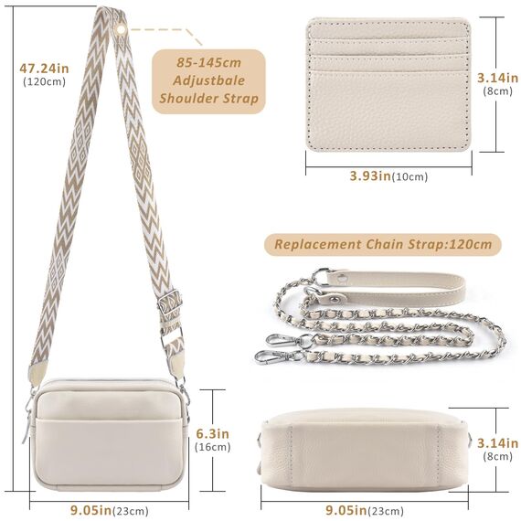 BROTOU Damen Echtes Leder Umhängetasche Crossbody Bag mit 2 Breitem Schultergurt Kartenhalter, Kleine Umhängetasche Damen mit 3 Fächern (S-Beige)