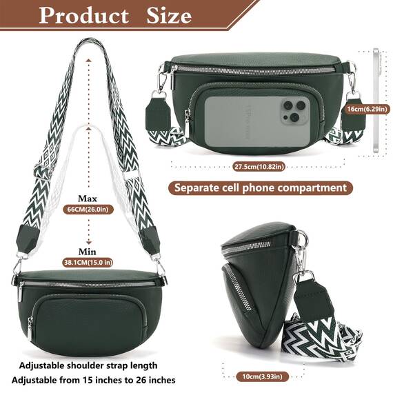 Rorimyth Kleine Bauchtasche Damen Dunkelgrün umhängetasche Damen klein Veganes Leder gürteltasche Handtasche Crossbody Bag