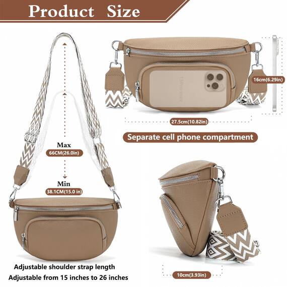 Rorimyth Bauchtasche Damen Khaki Umhängetasche Damen Klein Veganes Leder Handtasche Crossbody Bag Gürteltasche Brusttasche Hüfttasche