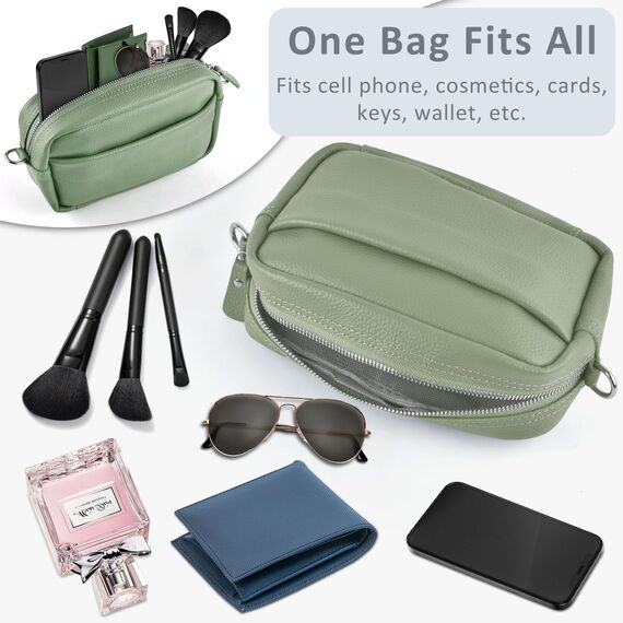 BROTOU Umhängetasche Damen Echtes Leder,Crossbody Bag Damen mit 2 Breitem Schultergurt Kartenhalter,Handtasche Leder Small handbag,Kleine Tasche Damen mit 3 Fächern (S-Grün)