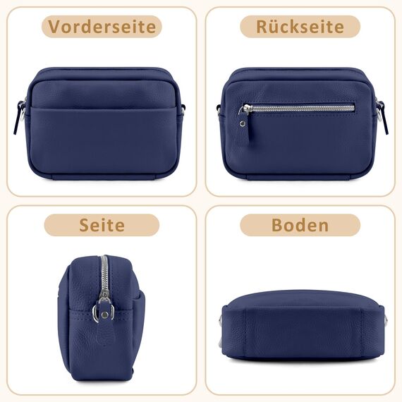 BROTOU Umhängetasche Damen Echtes Leder Crossbody Bag Damen mit 2 Breitem Schultergurt Kartenhalter,Handtasche Damen Leder Handy Umhängetasche Damen,Kleine Tasche Damen mit 3 Fächern(Dunkelblau)