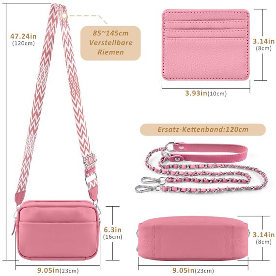 BROTOU Umhängetasche Damen Echtes Leder Crossbody Bag Damen mit 2 Breitem Schultergurt Kartenhalter,Handtasche Damen Leder Handy Umhängetasche Damen,Kleine Tasche Damen mit 3 Fächern(Hellrosa)