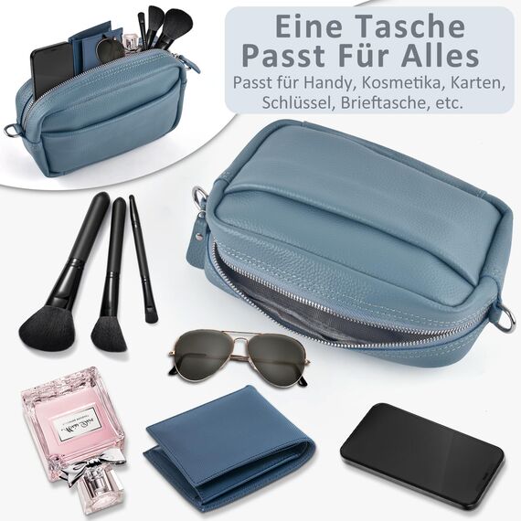 BROTOU Kleine Umhängetasche Echtes Leder Crossbody Bag Damen mit 2 Breitem Schultergurt Kartenhalter,Handtasche Leder Handy Umhängetasche Kleine Tasche Damen mit 3 Fächern(S-Marineblau)