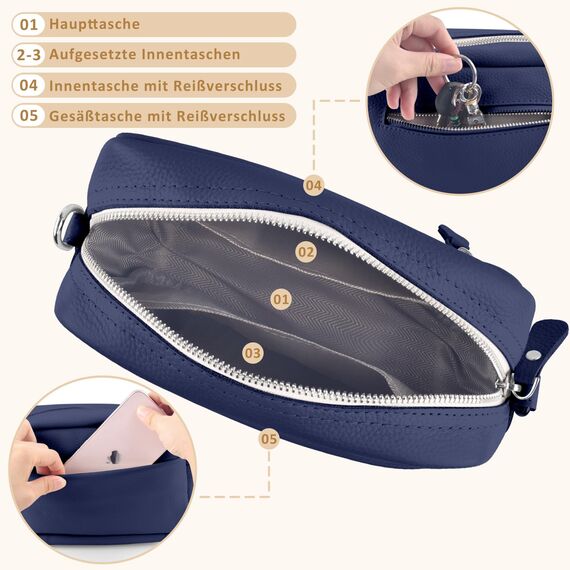 BROTOU Umhängetasche Damen Echtes Leder Crossbody Bag Damen mit 2 Breitem Schultergurt Kartenhalter,Handtasche Damen Leder Handy Umhängetasche Damen,Kleine Tasche Damen mit 3 Fächern(Dunkelblau)