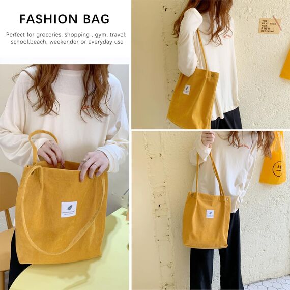 Bikasun Cord Umhängetasche Damen, Groß Schultertasche Cord Tasche Lässige Tote Bag Handtasche, Strandtasche Shopper Einkaufstasche, Stofftasche für Alltag, Büro, Schulausflug, Gelb