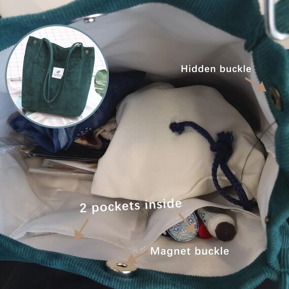 Bikasun Cord Umhängetasche Damen, Groß Schultertasche Cord Tasche Lässige Tote Bag Handtasche, Strandtasche Shopper Einkaufstasche, Stofftasche für Alltag, Büro, Schulausflug, Dunkelgrün