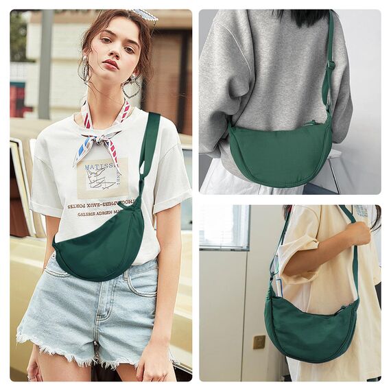 GoPaw Damen Halbmond Crossbody Schultertasche, Hobo Halfmoon Bag, Nylon Crossbody Bag Damen Halbmond Schultertasche mit verstellbarer Schultergurt, Einfarbige(Dunkelgrün)