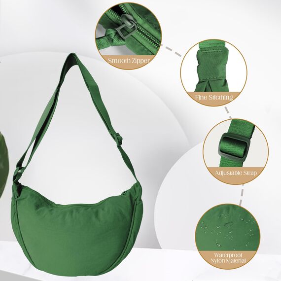 GoPaw Damen Halbmond Crossbody Schultertasche, Hobo Halfmoon Bag, Nylon Crossbody Bag Damen Halbmond Schultertasche mit verstellbarer Schultergurt, Einfarbige(Grün)
