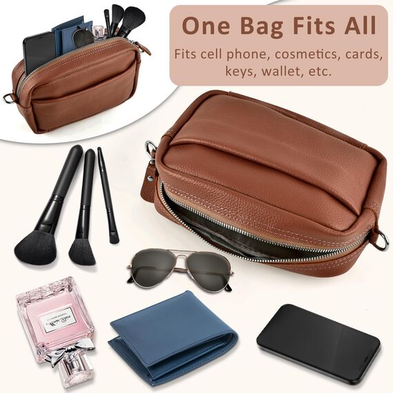 BROTOU Umhängetasche Damen Echtes Leder Crossbody Bag mit 2 Breitem Schultergurt Kartenhalter,Handtasche Leder Handy Umhängetasche Kleine Tasche Damen mit 3 Fächern(Rotbraun)